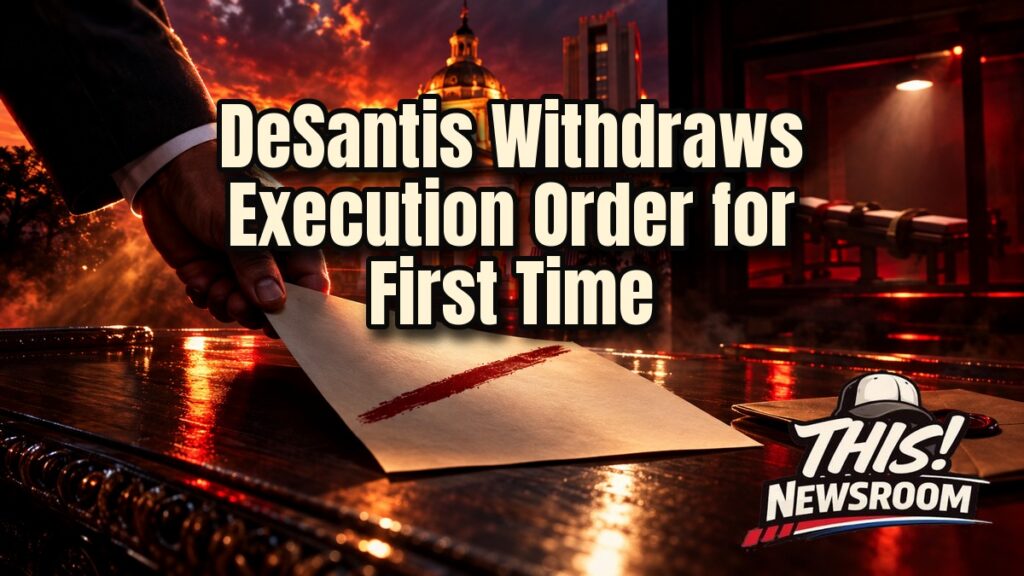 Dramatic cinematic illustration of the Florida State Capitol dome at dusk representing how DeSantis withdraws execution order for the first time