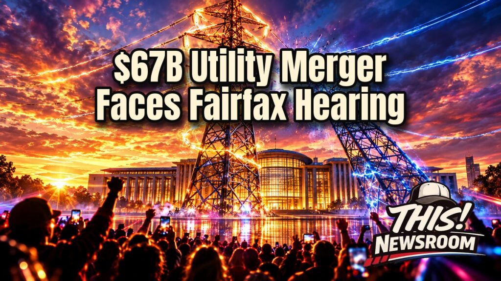 Dominion NextEra merger hearing concept showing a glowing power grid over the Virginia skyline at golden hour