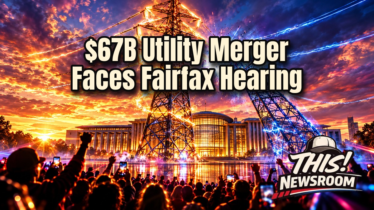 Dominion NextEra merger hearing concept showing a glowing power grid over the Virginia skyline at golden hour