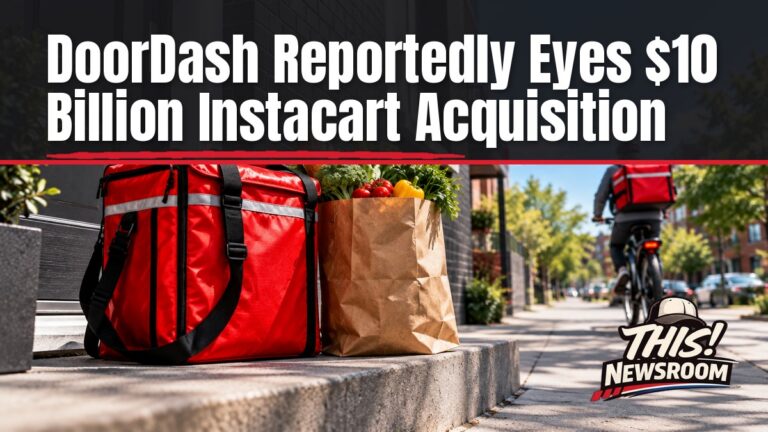 DoorDash delivery driver handing a grocery bag to a customer, illustrating the DoorDash Instacart acquisition talks