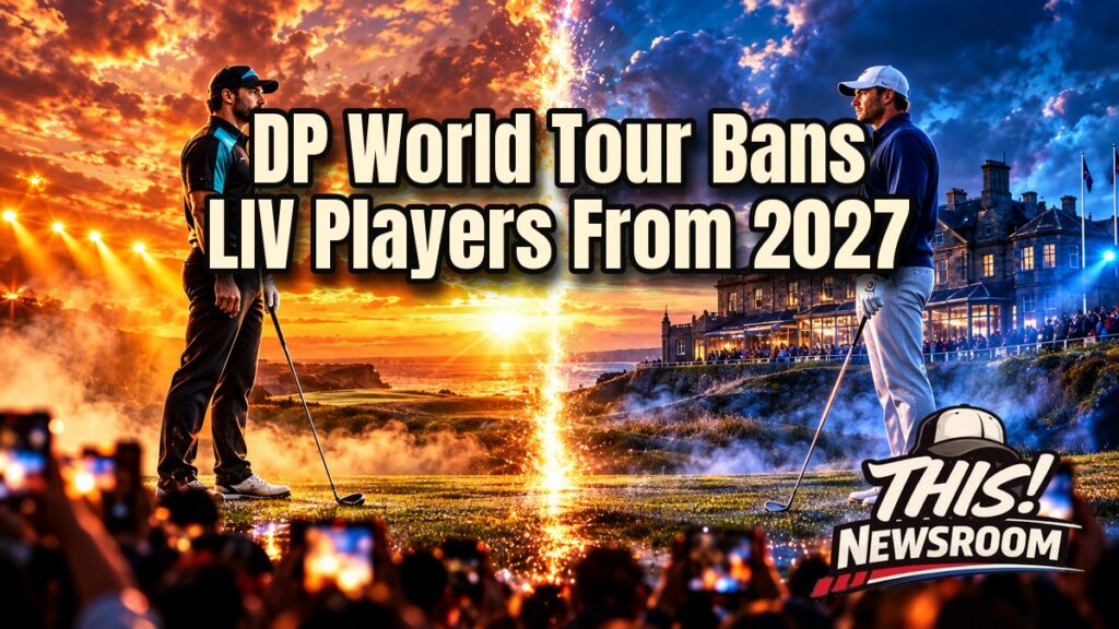 Golfer in a split-frame face-off beneath a stormy sunset sky illustrating the DP World Tour LIV ban