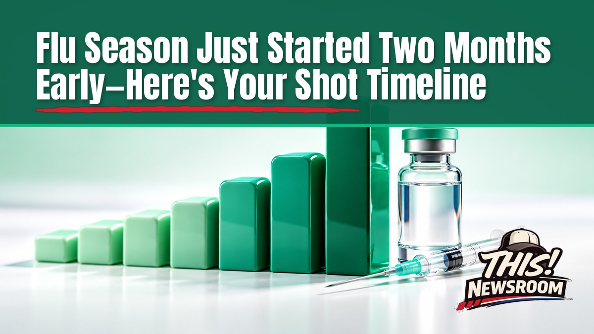 Mint green thermometer and vaccine vial stacked as bar chart blocks showing the early flu season surge