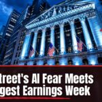 Earnings week AI selloff: the New York Stock Exchange facade at night under a deep navy sky