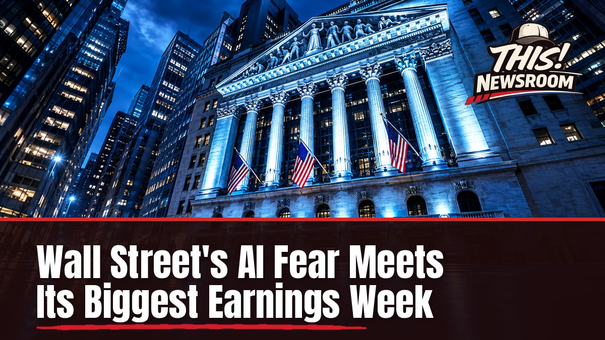 Earnings week AI selloff: the New York Stock Exchange facade at night under a deep navy sky