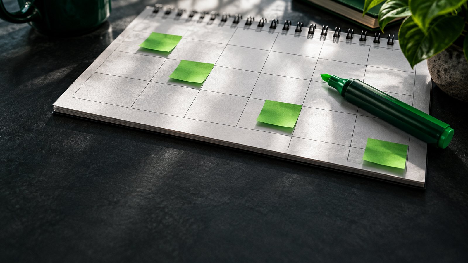 A blank wall calendar grid with a few squares marked by green tabs and a marker on a dark desk
