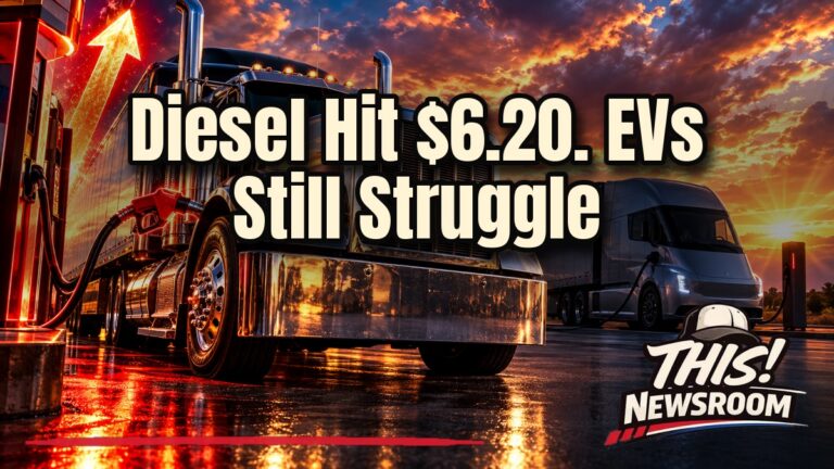 Electric semi truck beside a diesel rig at a fuel station showing record electric truck diesel prices