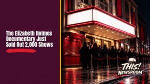 Crowd lined up outside a New York theater for the Elizabeth Holmes documentary box office opening
