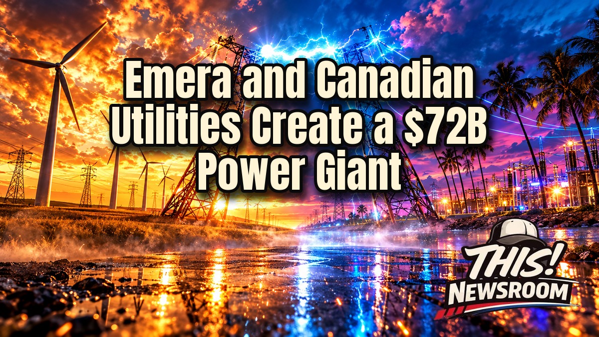 Emera Canadian Utilities merger shown as a glowing power grid over a Canadian and Florida skyline