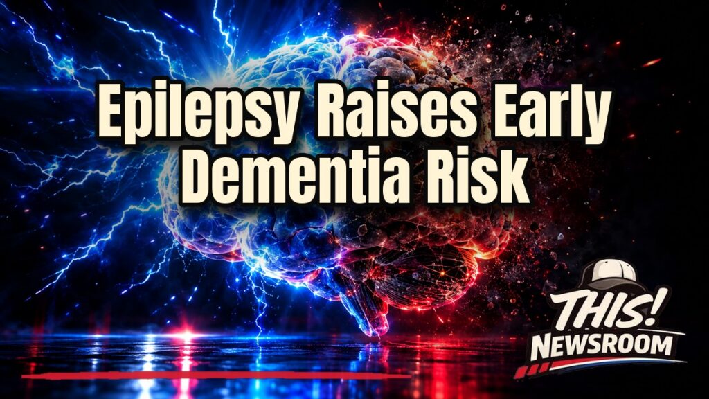 Illustration of a glowing human brain scan showing epilepsy dementia risk with an American flag light backdrop