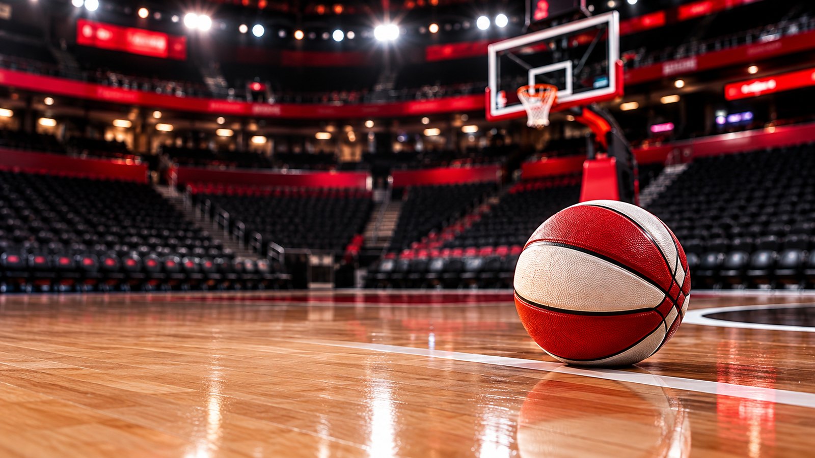 A kid-sized red and white basketball resting on the free-throw line of an empty indoor court
