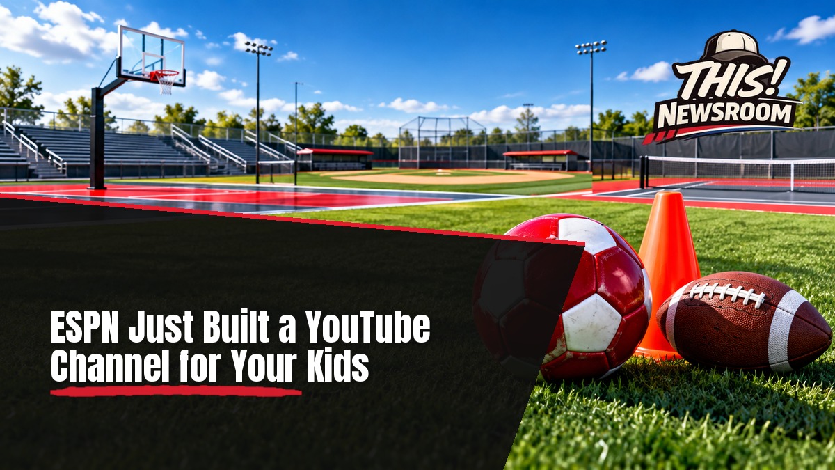 ESPN JV kids sports channel shown as a bright youth sports field with a ball and cones in a stadium