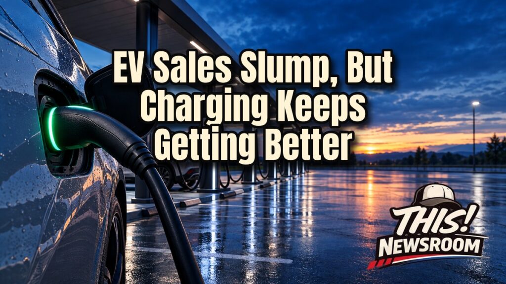 EV charging stalls at a modern fast-charging station with several electric cars plugged in at dusk