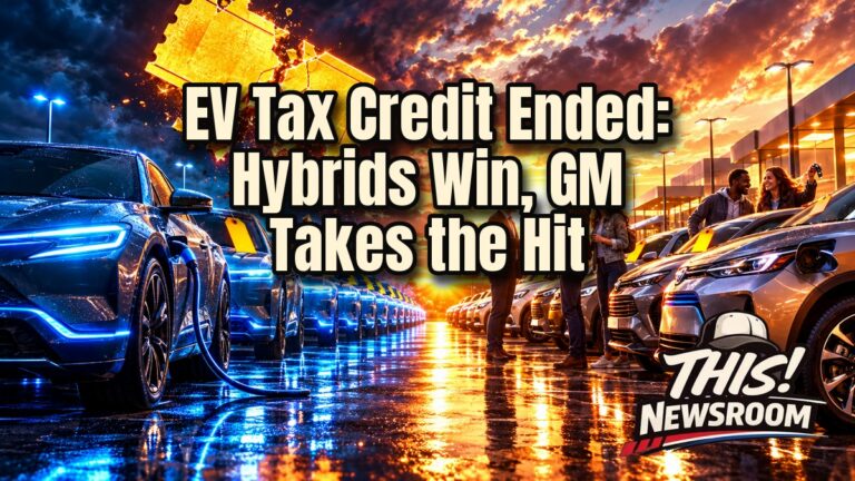EV tax credit ends: electric car charging beside a hybrid at a dealership at golden hour