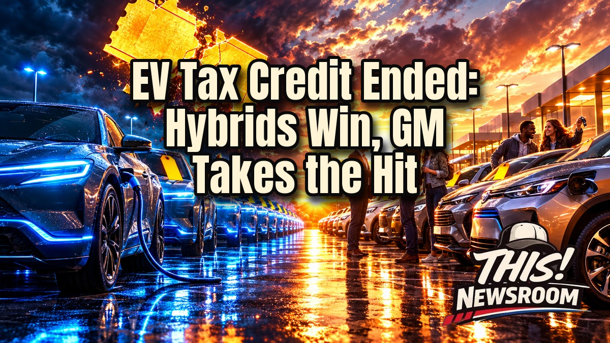 EV tax credit ends: electric car charging beside a hybrid at a dealership at golden hour