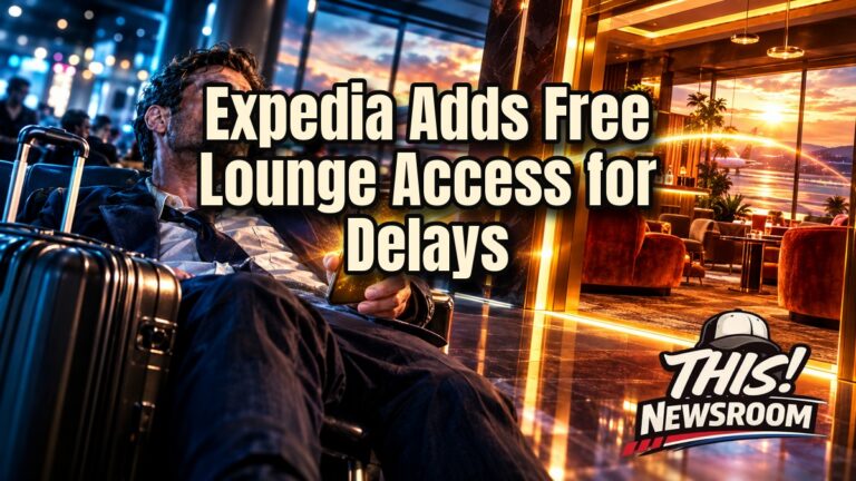 Traveler relaxing in an airport lounge showing Expedia lounge access during a flight delay