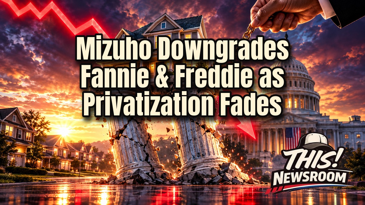 Fannie Mae and Freddie Mac downgrade shown as a glowing home facing a falling stock chart