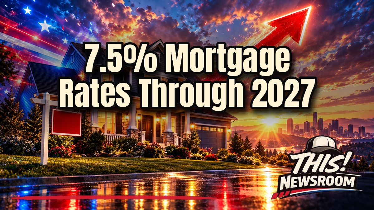 Mortgage rate predictions shown as a suburban house under a glowing red upward arrow at sunset