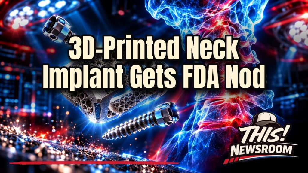Glowing 3D-printed titanium lattice spinal implant in front of a cervical spine illustration, showing FDA clearance spinal implant technology