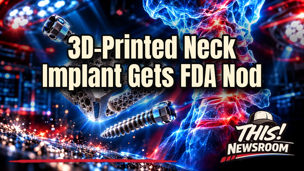 Glowing 3D-printed titanium lattice spinal implant in front of a cervical spine illustration, showing FDA clearance spinal implant technology