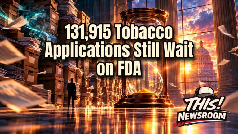 Stack of FDA tobacco product applications piled high in a federal office, illustrating FDA tobacco review delays