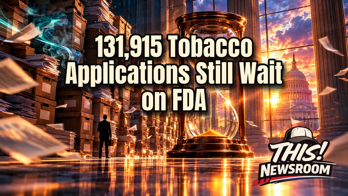 Stack of FDA tobacco product applications piled high in a federal office, illustrating FDA tobacco review delays