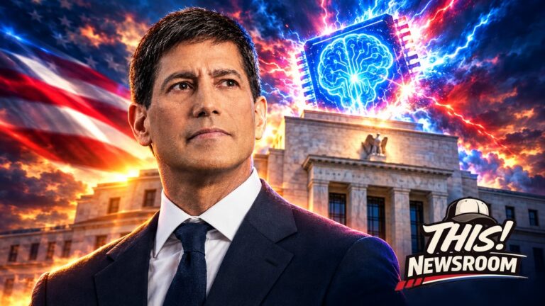 Fed chair AI shock: Kevin Warsh at the IMF in Bangkok with the Federal Reserve building and glowing AI chip behind him