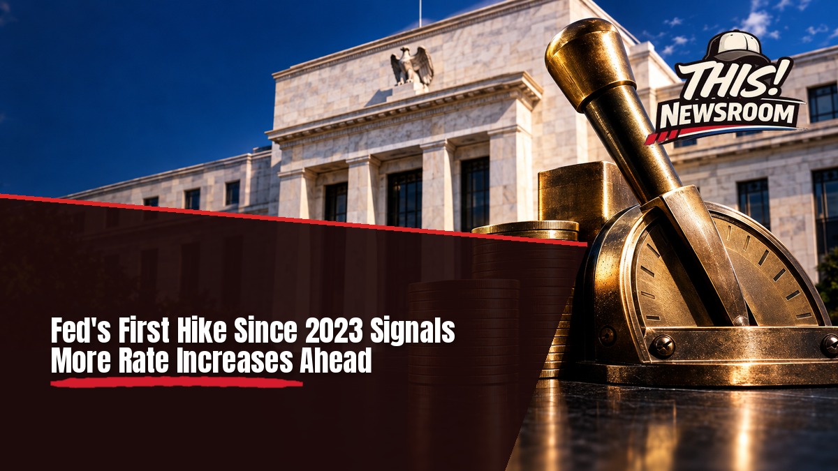 Stacked gold coins shaped like a rising bar chart on a dark background, illustrating the Fed rate hike
