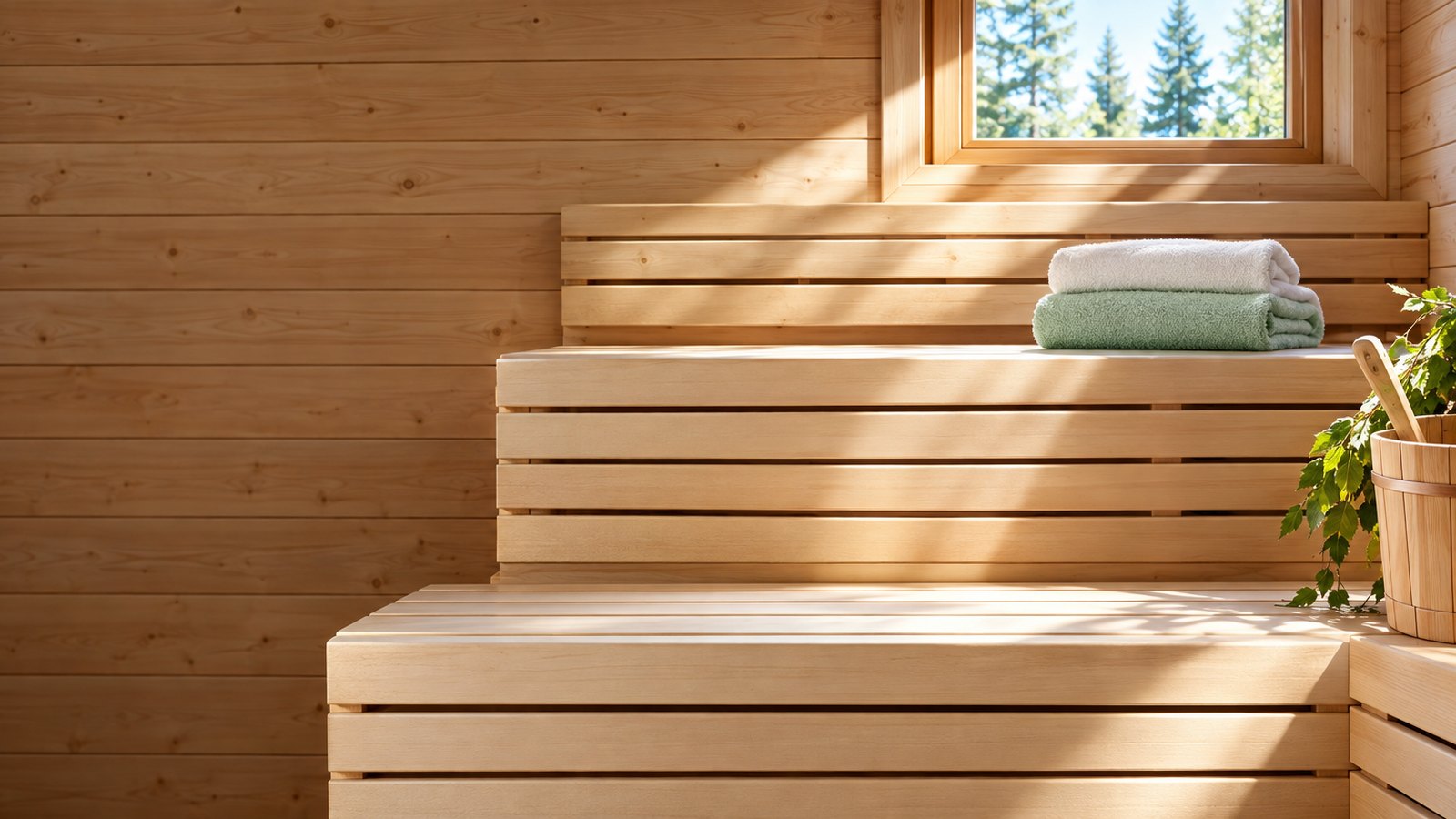 Tiered pale wooden benches inside a traditional Finnish sauna with white and mint green towels