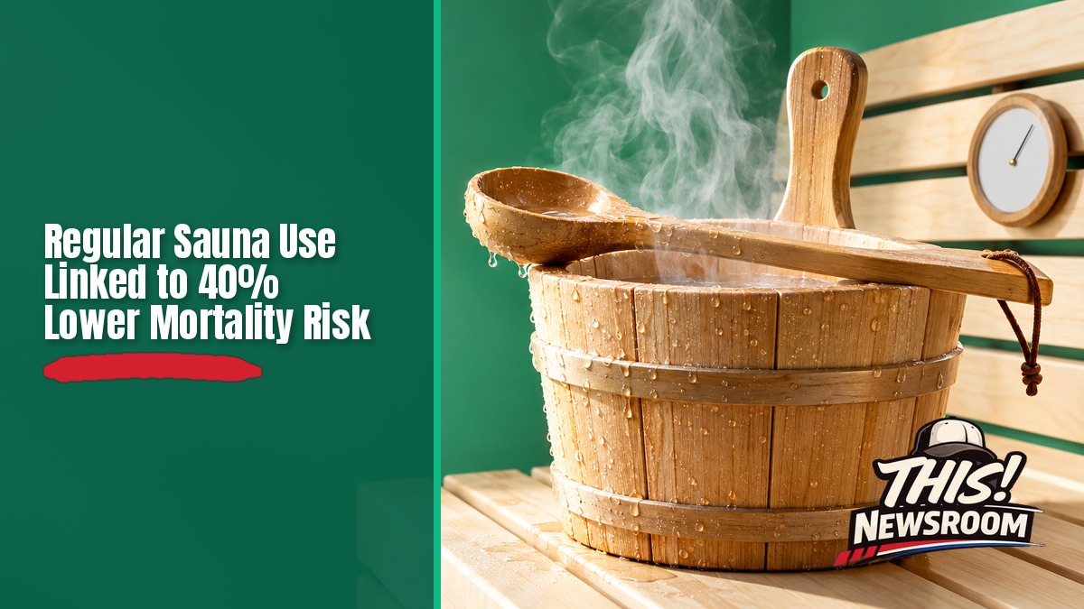 Finnish sauna study: wooden sauna bucket and ladle with a thermometer reading 175 degrees on a mint green background