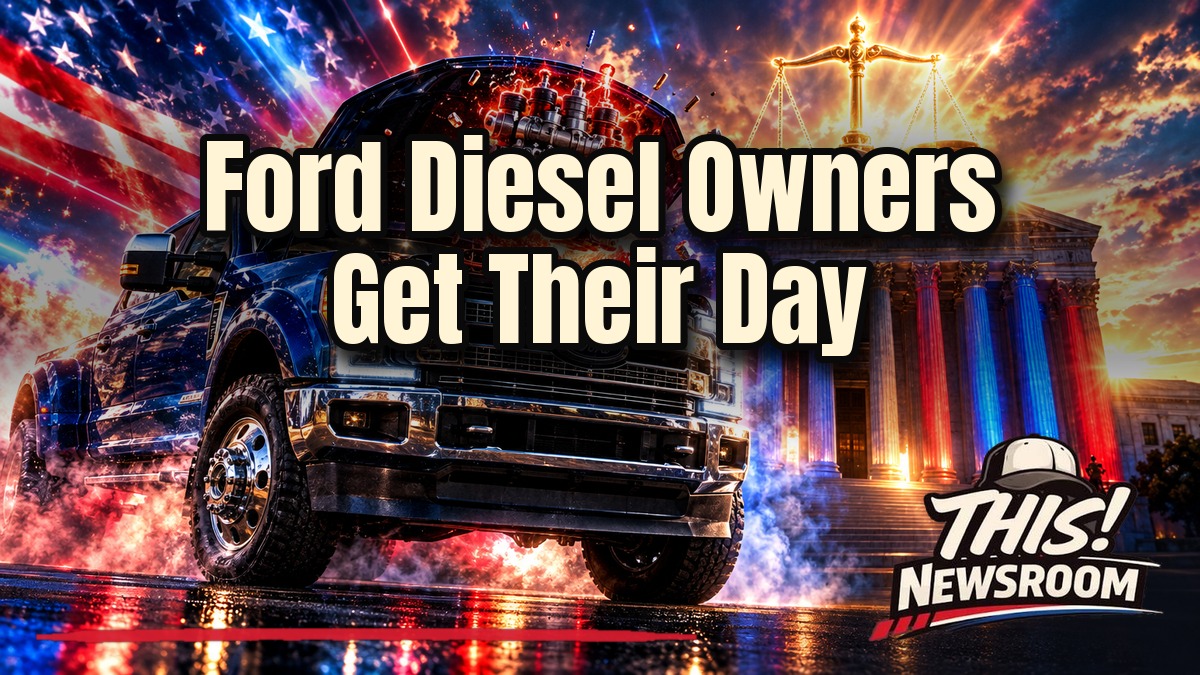 Ford diesel pickup truck with its hood up beside a glowing fuel pump in a courtroom-lit scene for the Ford CP4 fuel pump lawsuit