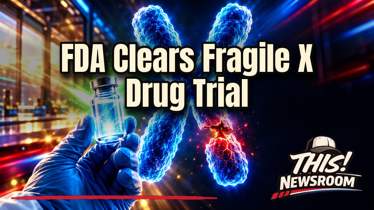 Scientist examining a glowing DNA strand in a lab, illustrating the Fragile X syndrome trial cleared by the FDA