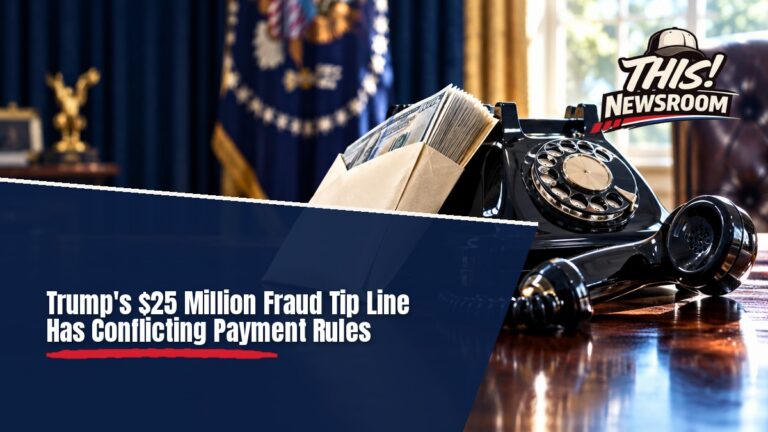 Fraud whistleblower program tip hotline phone and cash reward envelope on a navy desk