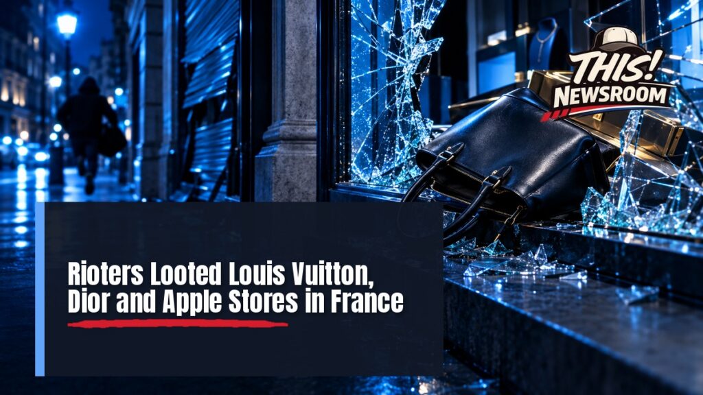 Smashed storefront of a luxury boutique after French riots looting, with a shattered window and scattered glass