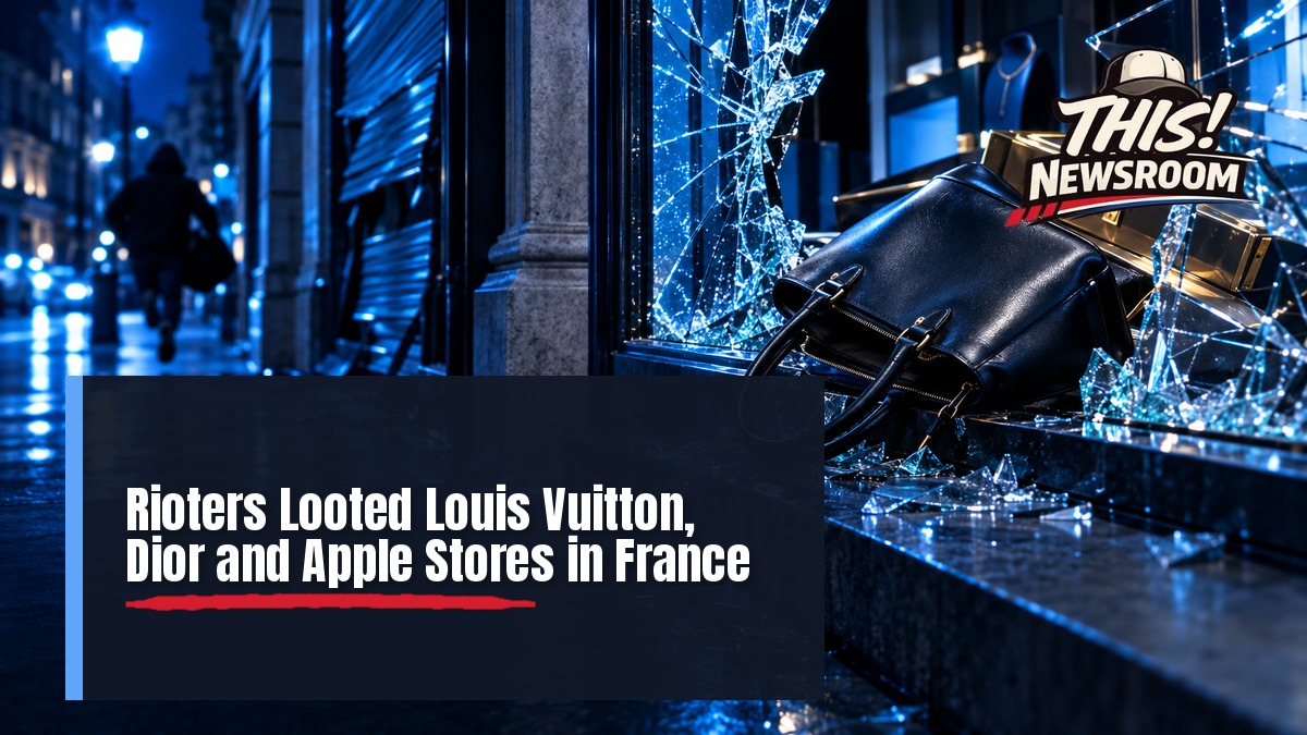 Smashed storefront of a luxury boutique after French riots looting, with a shattered window and scattered glass