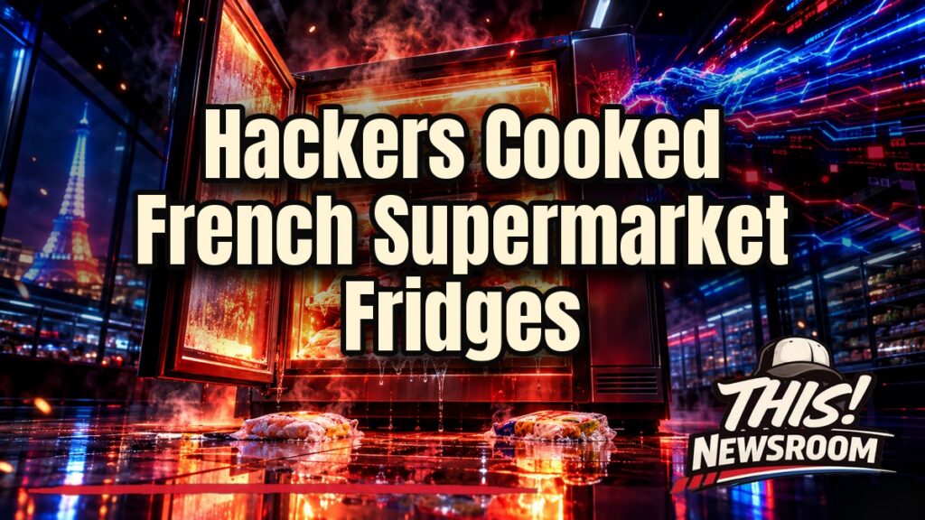 French supermarket cyberattack shown as a grocery fridge glowing red with heat warning as fire and smoke rise behind it