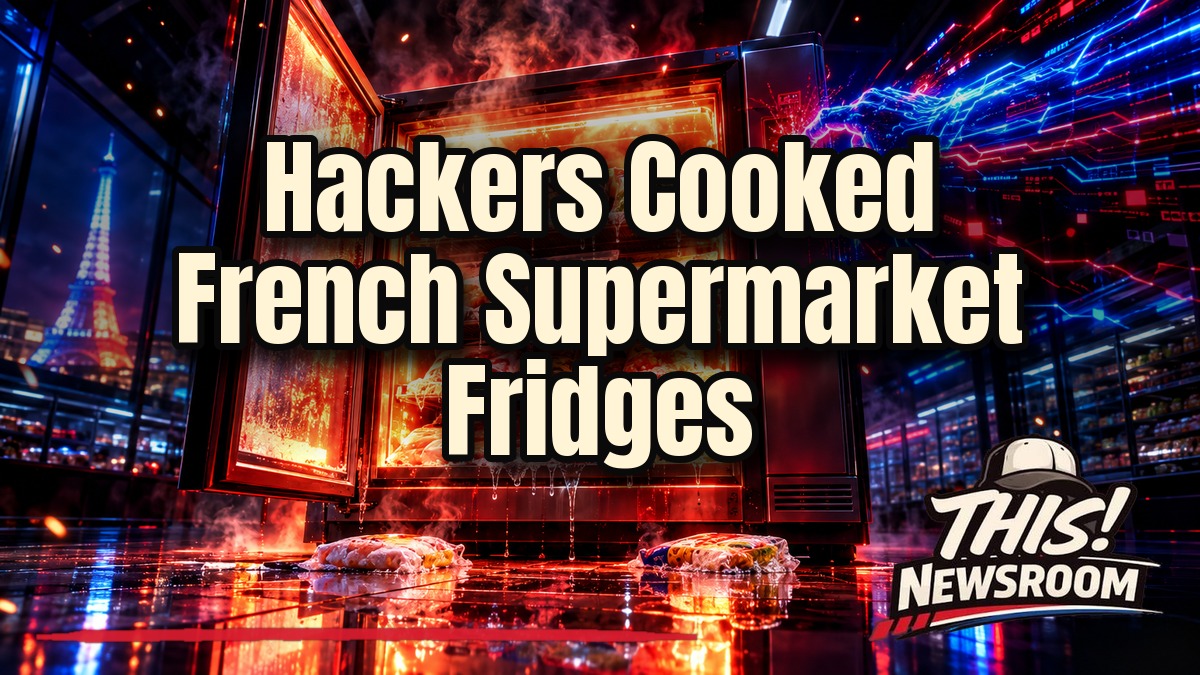 French supermarket cyberattack shown as a grocery fridge glowing red with heat warning as fire and smoke rise behind it
