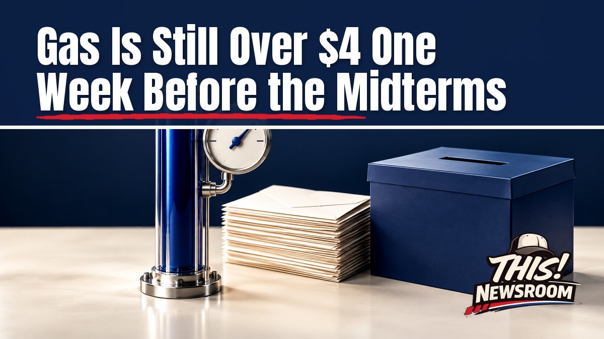 Gas prices midterm voters: a gas pump nozzle beside a ballot box on a navy background