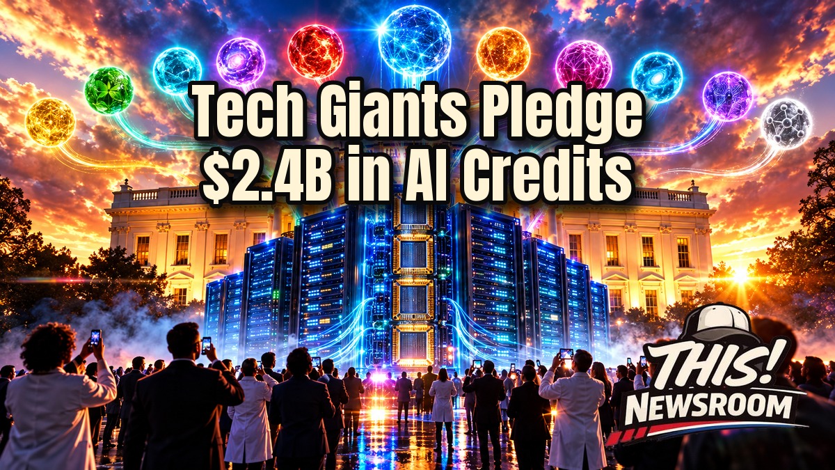 Genesis Mission AI pledges shown as a glowing White House with streams of data and tech company light streaks over a golden-hour sky