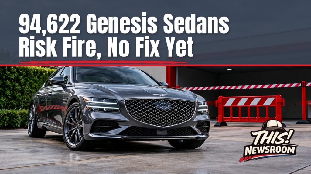 Genesis seat fire recall: a lone Genesis G80 sedan parked outside a concrete garage at dusk