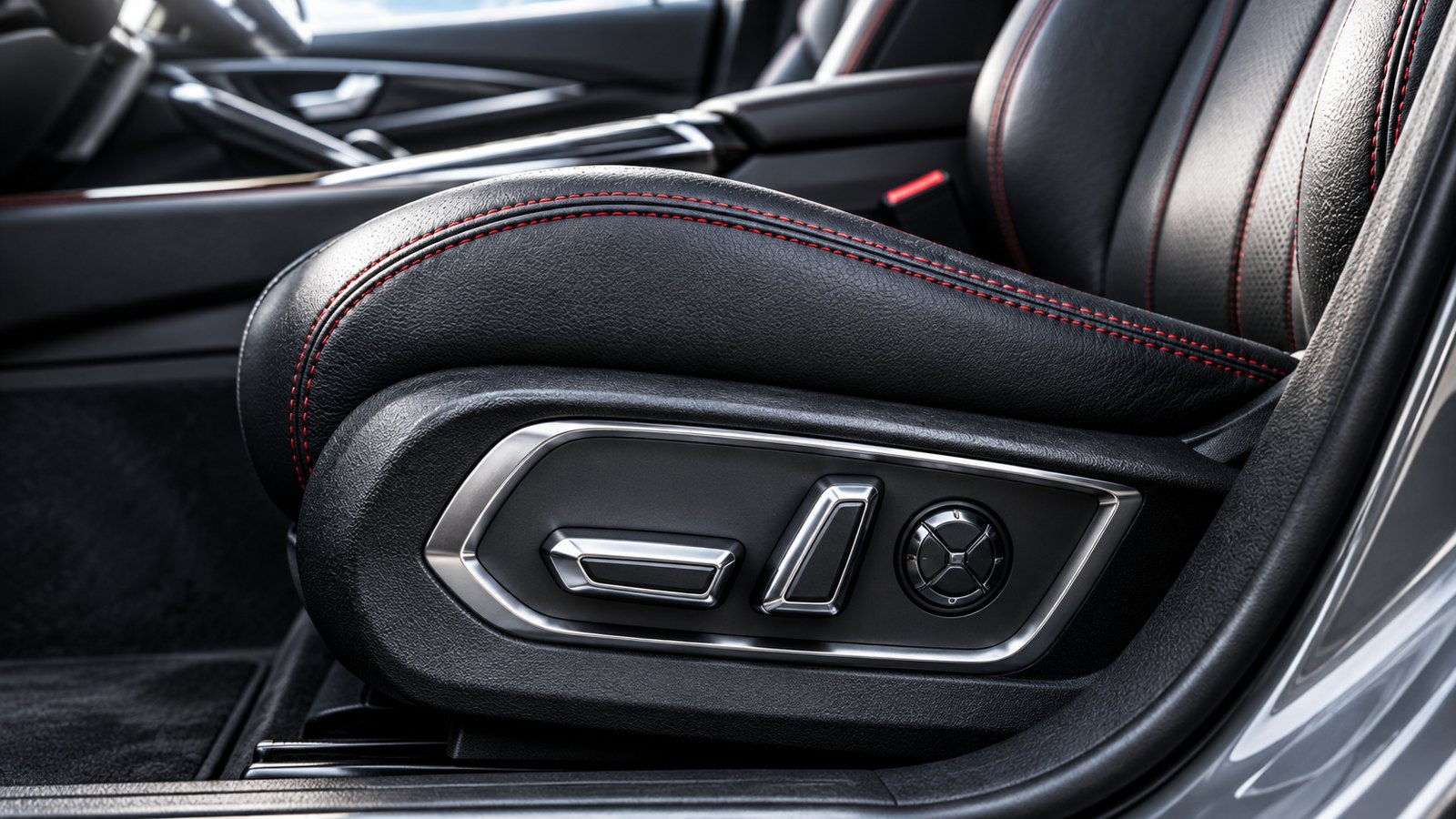 Close-up of a power seat control switch on the side of a black leather car seat