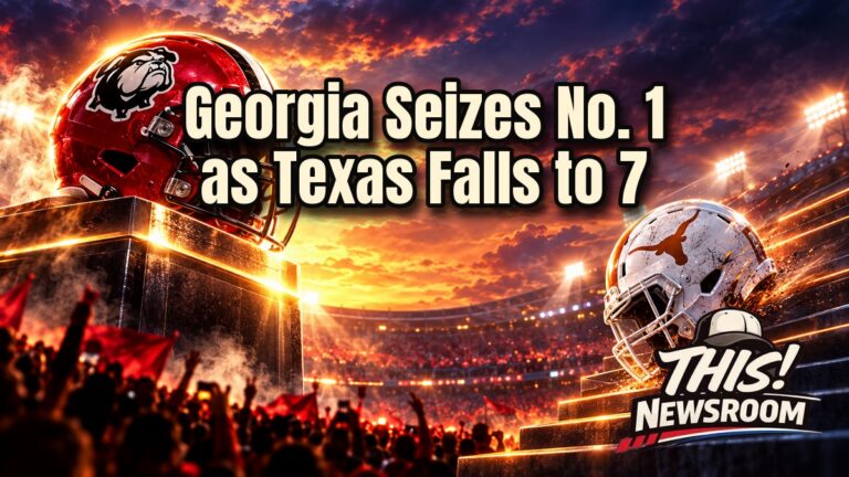 Georgia No. 1 AP poll celebration with Bulldogs players under stadium lights while a Texas helmet falls away in smoke