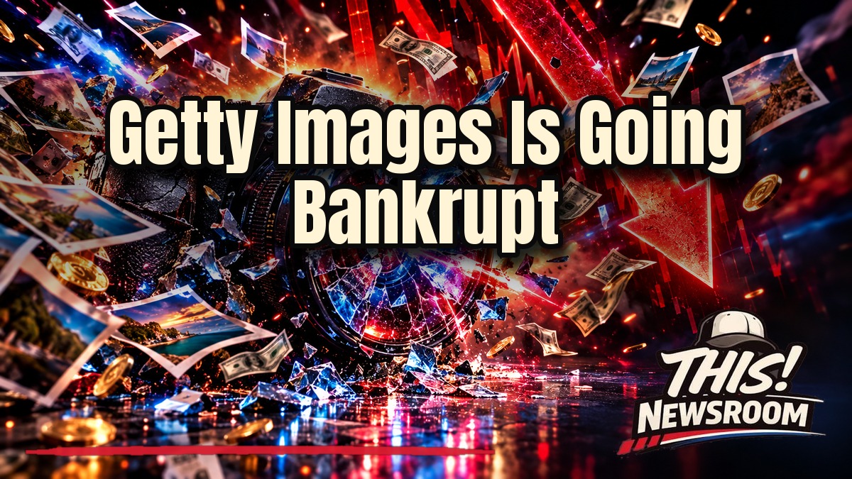 Getty Images bankruptcy plan shown as a camera and courthouse scales under red and blue light