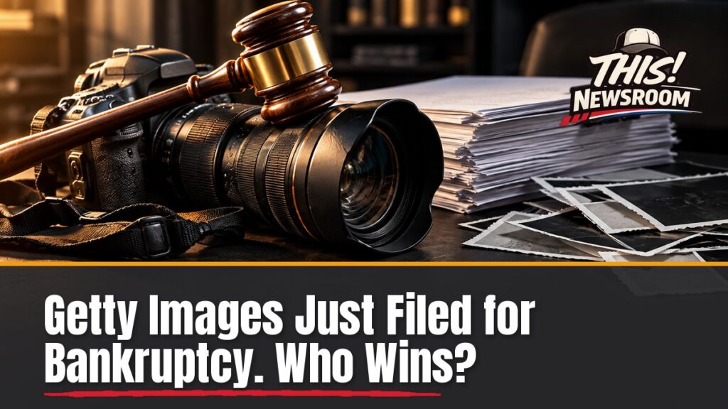 Getty Images bankruptcy shown by a vintage press camera on a gavel and legal papers in amber light