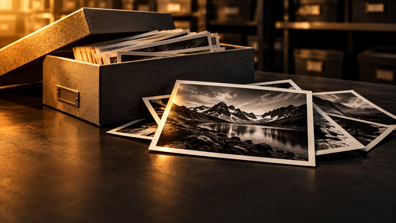 Archive box of vintage black-and-white photographic prints on a dark desk under warm amber light