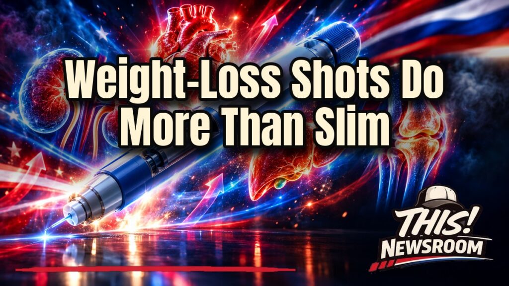 Weight-loss benefits of GLP-1 drugs shown as a glowing heart, kidneys and liver around a weight-loss injection pen