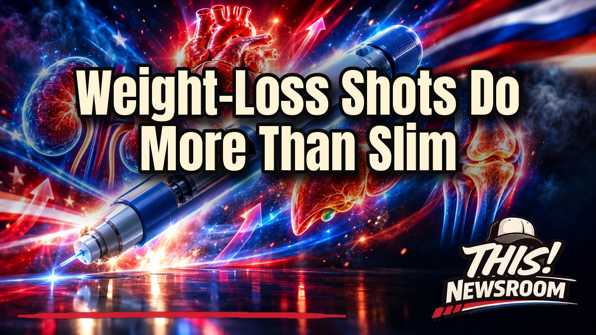 Weight-loss benefits of GLP-1 drugs shown as a glowing heart, kidneys and liver around a weight-loss injection pen