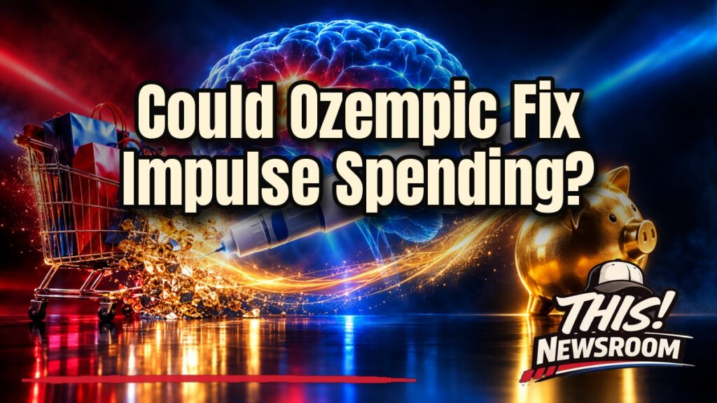 Glowing brain scan above Ozempic pens and shopping bags illustrating GLP-1 spending habits
