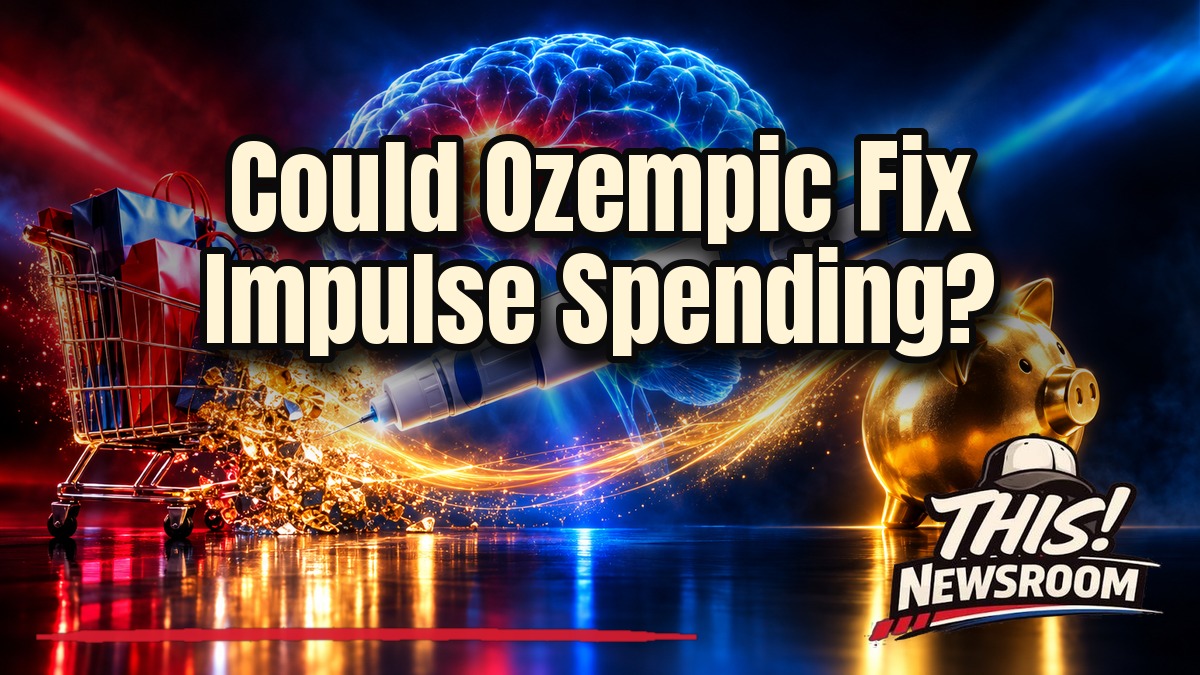 Glowing brain scan above Ozempic pens and shopping bags illustrating GLP-1 spending habits