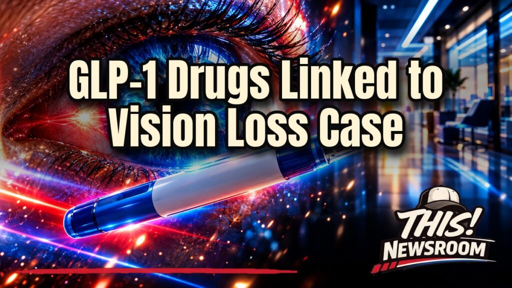 Close-up of a human eye beside a GLP-1 injection pen, illustrating GLP-1 vision loss concerns