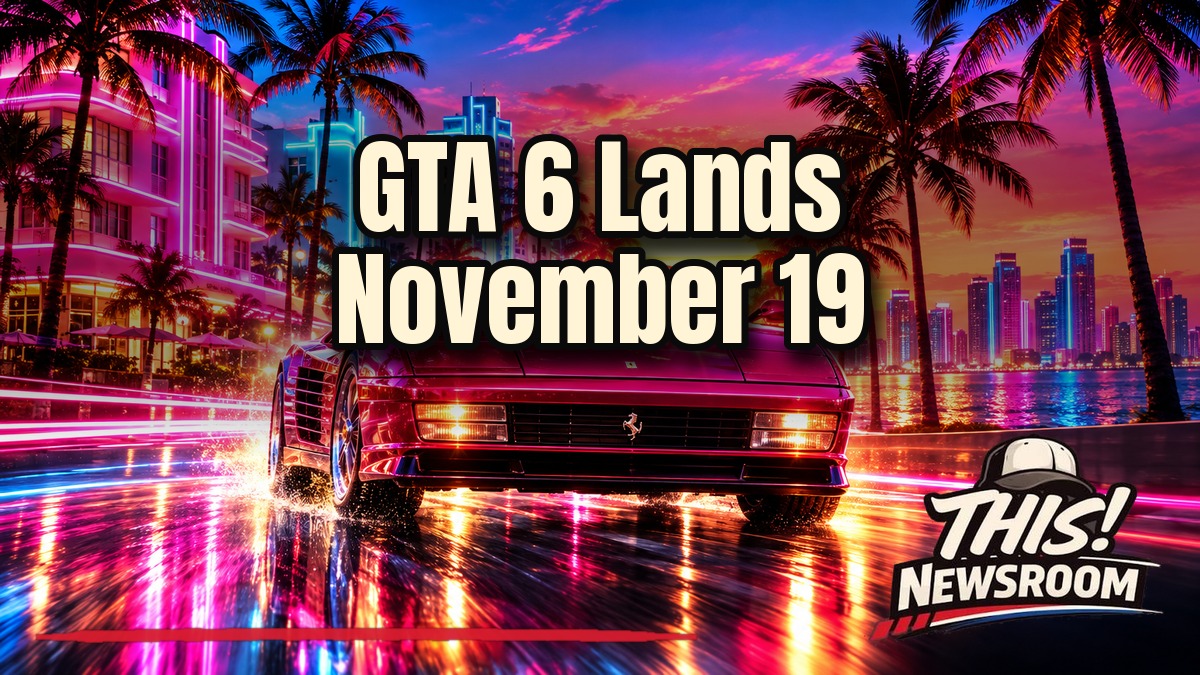 GTA 6 launch trailer scene of neon Vice City at sunset, with the Rockstar game set for November 19